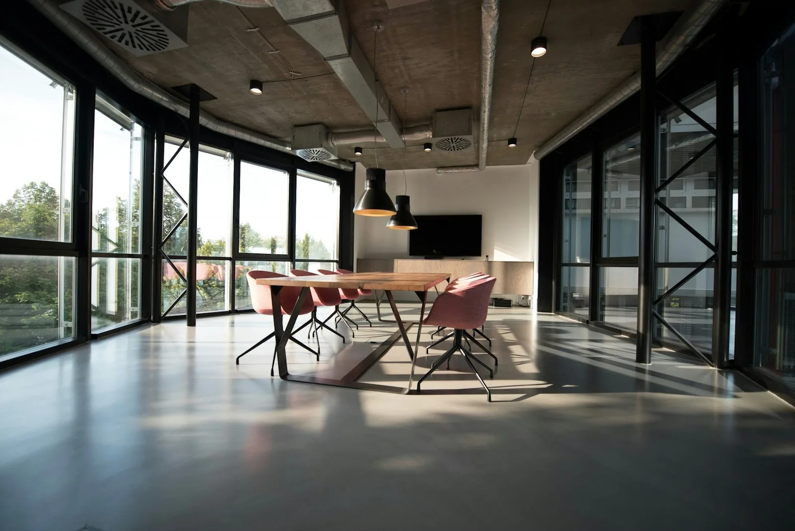 Bright open office with large windows